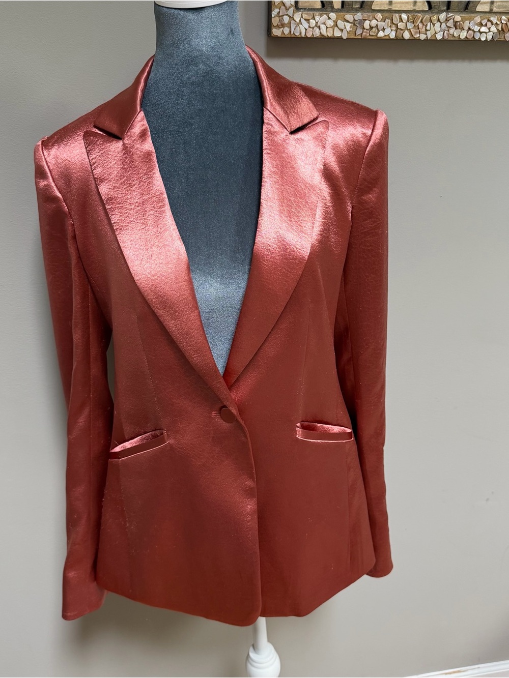 $495 Cinq a Sept Women's copper rose gold Karis Crinkled Satin Blazer Jacket 4